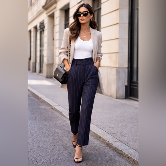 Cristina Gavioli Pants - Cristina Gavioli Pinstripe Belted Trousers – Italian Designer – Size S